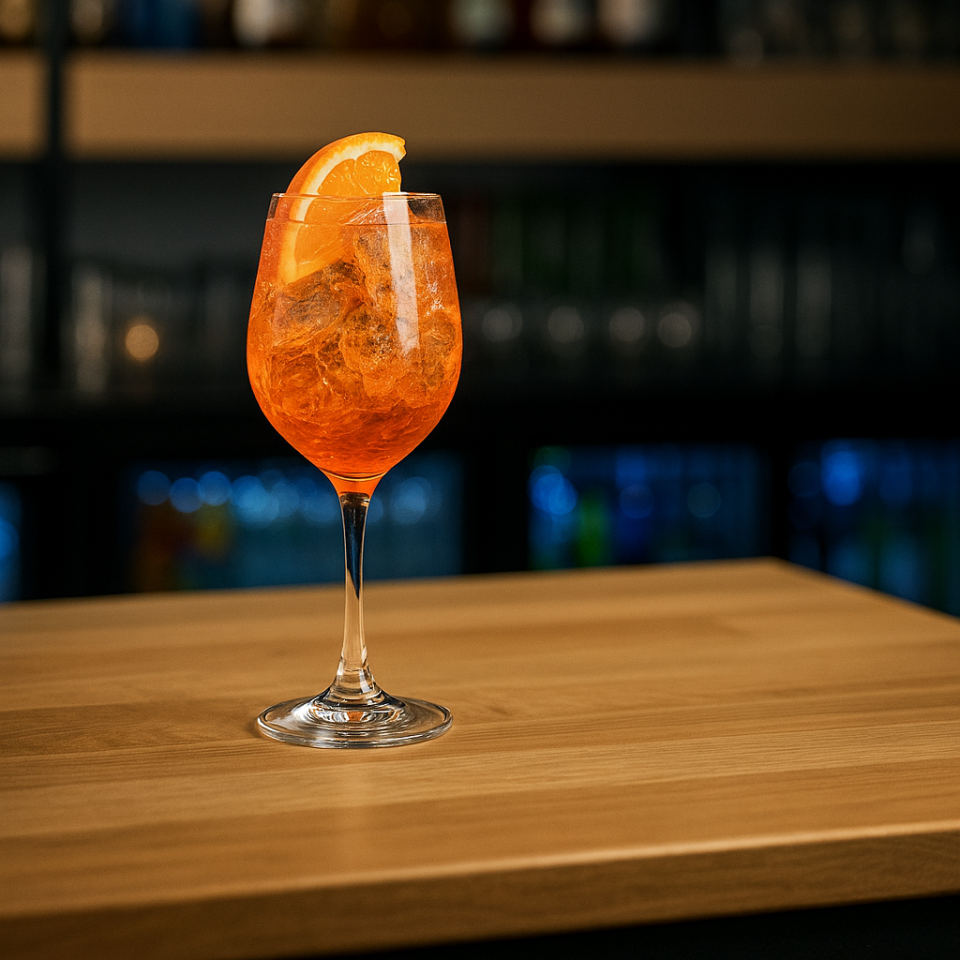 jalallinen lasi, jossa oranssia juomaa ja appelsiinin lohko